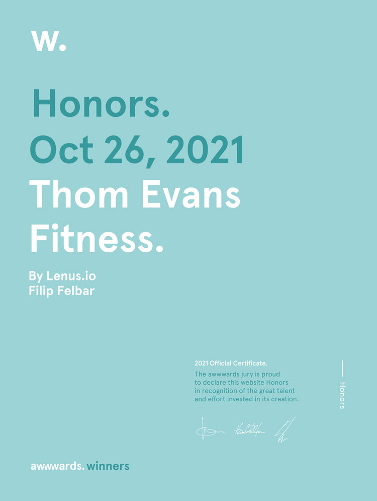 Awwwards Certificate - Honorable Mention - Thom Evans Fitness
